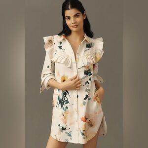 Pilcro Floral Denim Shirt with Red Stitching